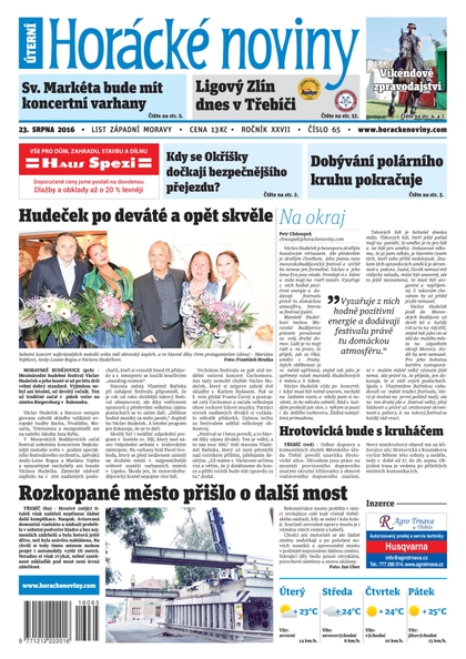 E-magazín Horácké Noviny Úterý 23.8.2016 č. 65 - Horácké noviny